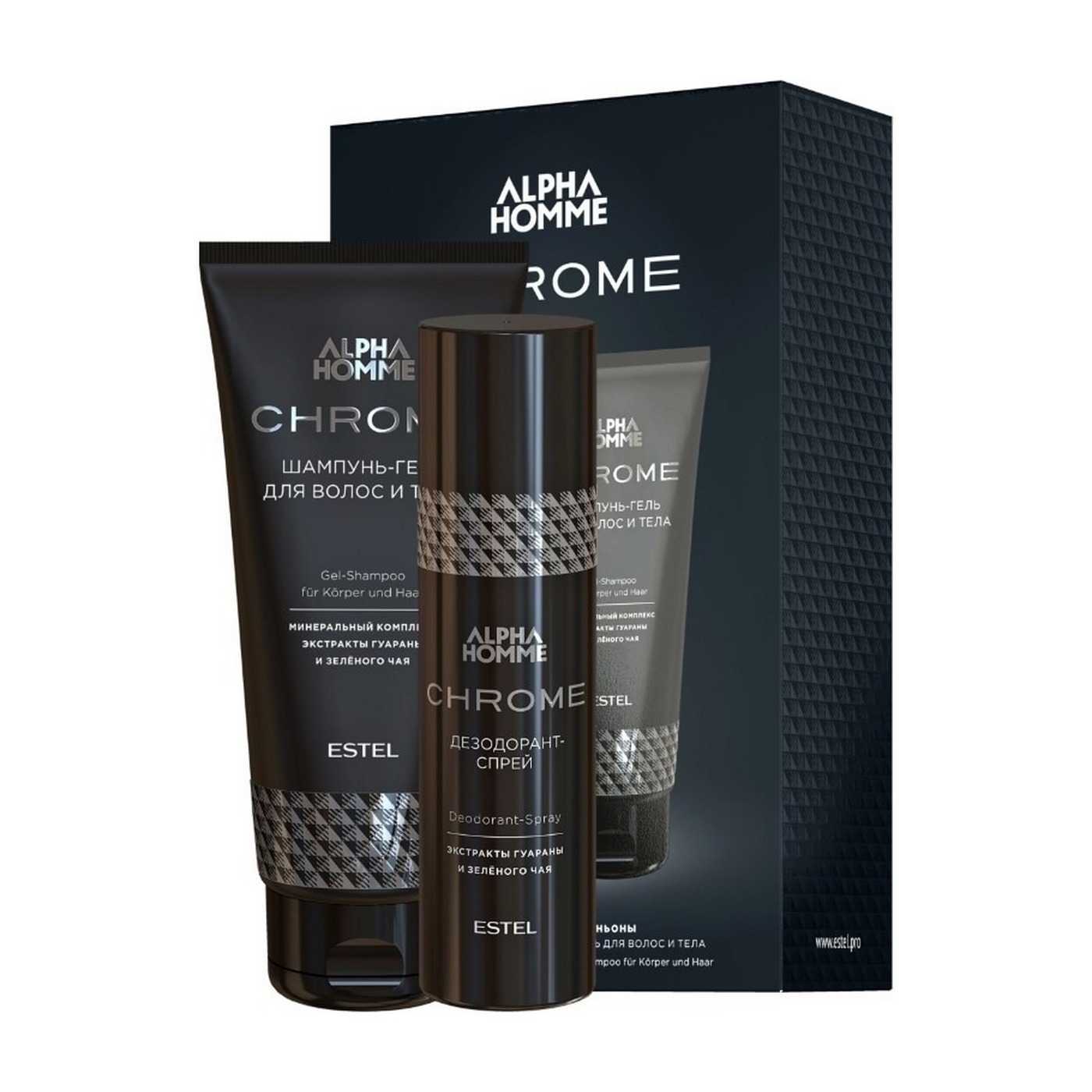 Эстель мужской. AHC/D дезодорант-спрей Estel Alpha homme Chrome, 100 мл. Набор Estel Alpha homme. Шампунь для волос Estel Alpha homme Chrome, 1000 мл. Набор Estel Alpha homme Shower Kit.