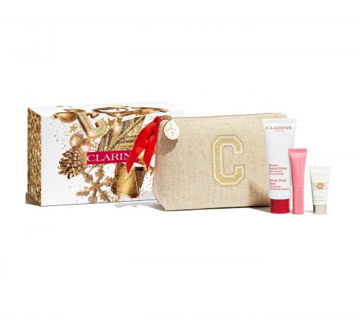 Clarins Secret D'Eclat Набор Бальзам для лица 50мл+База под макияж 10мл+Блеск для губ 01+Косметичка