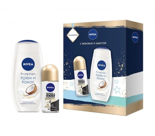 Nivea Набор Гель-уход для душа Крем и кокос 250мл+Дезодорант-ролик Черное и белое Шелк 50мл