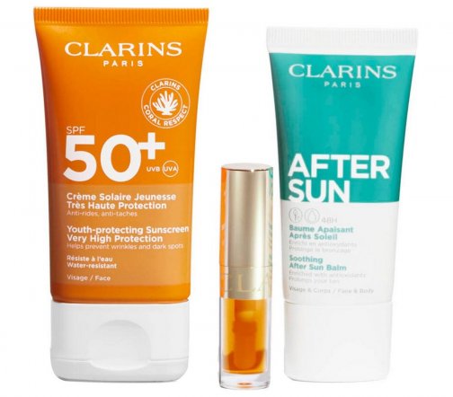 Clarins Solaire Набор Крем для лица против морщин SPF50 50мл+Масло-блеск 01+Бальзам после загара 30м