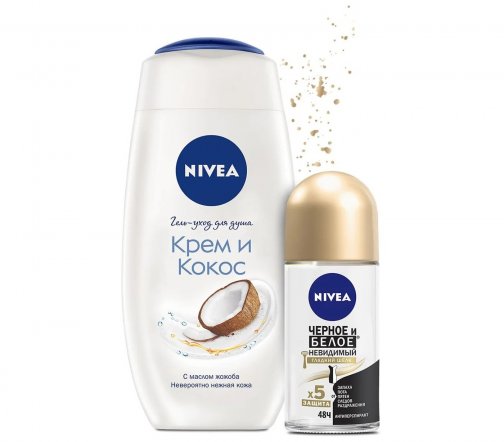 Nivea Набор Гель-уход для душа Крем и кокос 250мл+Дезодорант-ролик Черное и белое Шелк 50мл