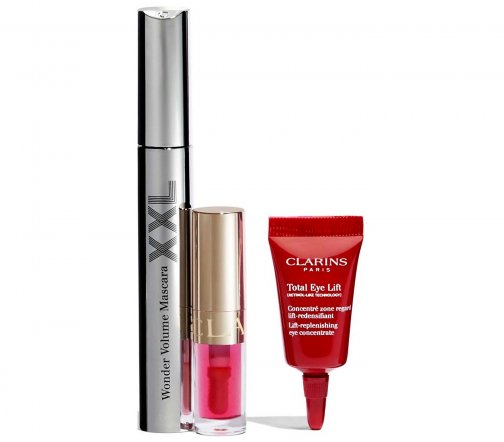 Clarins Набор Тушь XXL 01+Лифтинг-концентрат для кожи вокруг глаз 3мл+Масло-блеск Lip Comfort 04