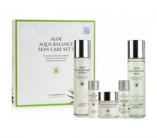 Jigott Набор Aloe Aqua Balance Тонер 150мл+30мл+Эмульсия 150мл+30мл+Крем 50мл