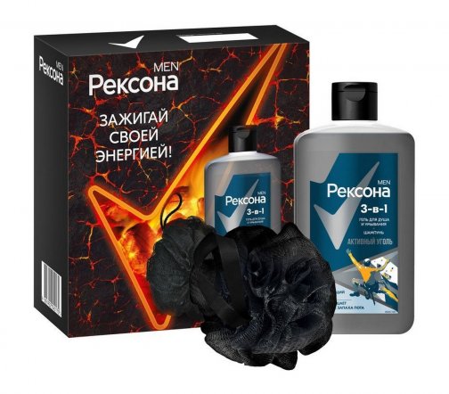 Rexona Men Набор Активный уголь Гель для душа 3в1 490мл+Мочалка
