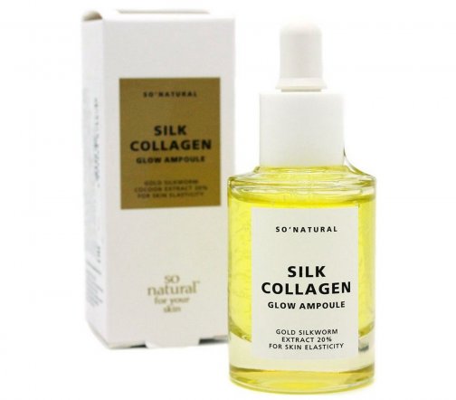 So Natural Silk Collagen Glow Сыворотка ампульная для лица с коллагеном и золотым шелкопрядом 30мл