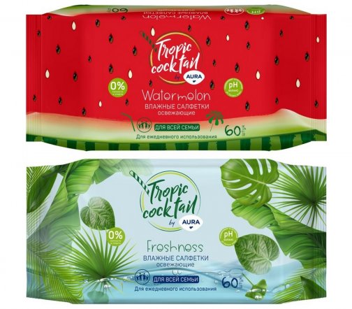 Aura Салфетки влажные освежающие Tropic Cocktail 60шт