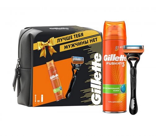 Gillette Станок Fusion с 1 сменной кассетой+Гель для бритья Sensitive 200мл+Чехол