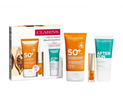 Clarins Solaire Набор Крем для лица против морщин SPF50 50мл+Масло-блеск 01+Бальзам после загара 30м