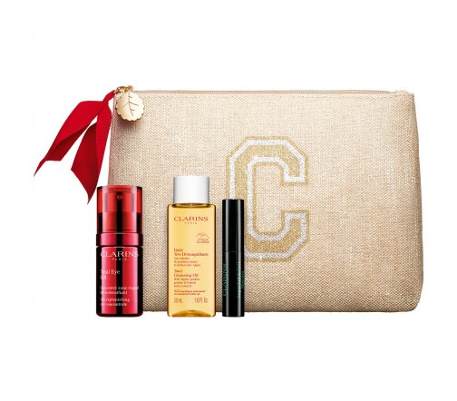 Clarins Набор Концентрат вокруг глаз 15мл+Масло очищающее 50мл+Тушь 3мл+Косметичка