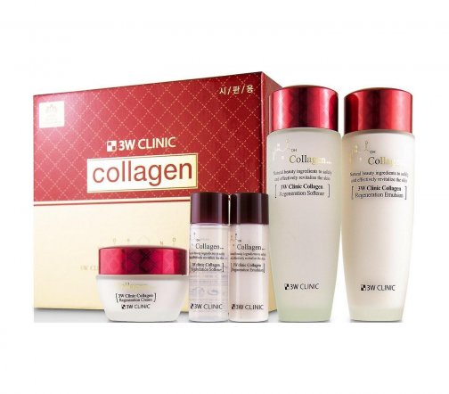 3W Clinic Collagen Skin Care 3 Набор тонер 150мл+эмульсия 150мл+крем для лица 60мл+две миниатюры 30м