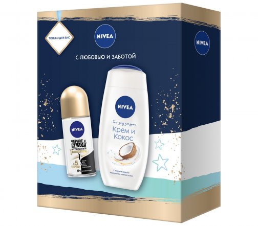 Nivea Набор Гель-уход для душа Крем и кокос 250мл+Дезодорант-ролик Черное и белое Шелк 50мл