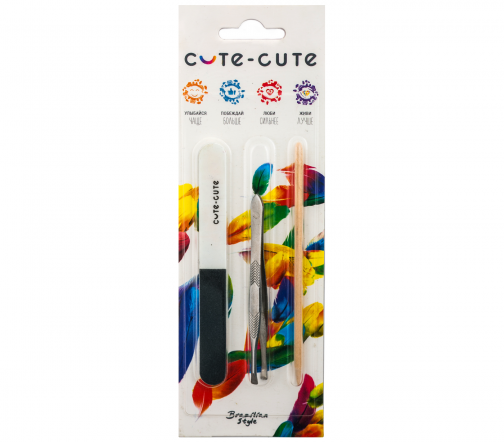 CUTE-CUTE Набор 3 предмета: пилка 3 стороны, пинцет, палочка дерево