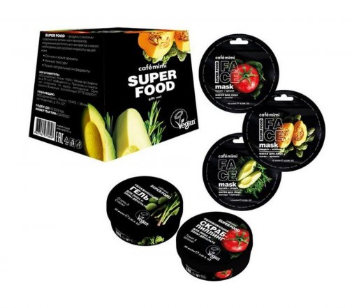 Cafe Mimi Super Food Набор Скраб для лица 50мл+Маски для лица 3шт*10мл+Гель для лица 50мл