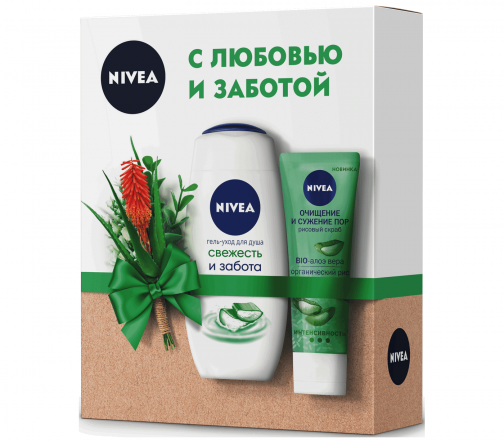 Nivea Набор Гель-уход для душа Свежесть и забота 250мл+Скраб рисовый Очищение и сужение пор 75мл
