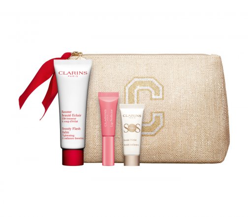 Clarins Secret D'Eclat Набор Бальзам для лица 50мл+База под макияж 10мл+Блеск для губ 01+Косметичка