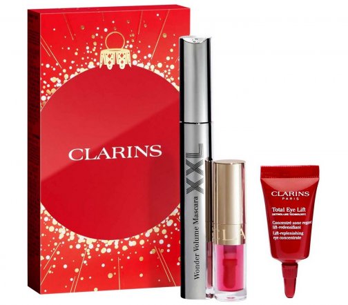 Clarins Набор Тушь XXL 01+Лифтинг-концентрат для кожи вокруг глаз 3мл+Масло-блеск Lip Comfort 04