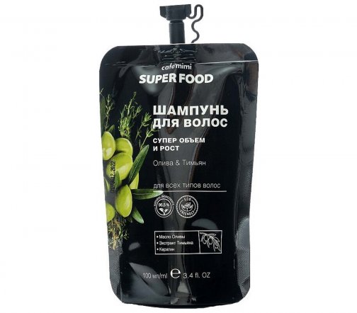 Cafe Mimi Super Food Шампунь для волос Супер объем и рост Олива и Тимьян 100мл
