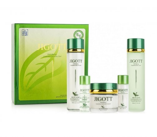 Jigott Набор Well-Being Green Tea Тонер 150мл+30мл+Лосьон 150мл+30мл+Крем 50мл