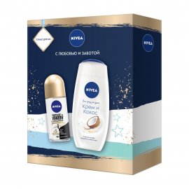 Nivea Набор Гель-уход для душа Крем и кокос 250мл+Дезодорант-ролик Черное и белое Шелк 50мл
