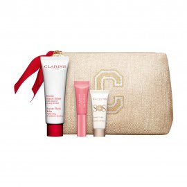 Clarins Secret D'Eclat Набор Бальзам для лица 50мл+База под макияж 10мл+Блеск для губ 01+Косметичка